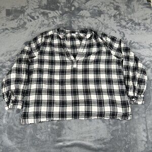 Gap Popover Top Women Size XL Black & White Plaid Long Sleeve